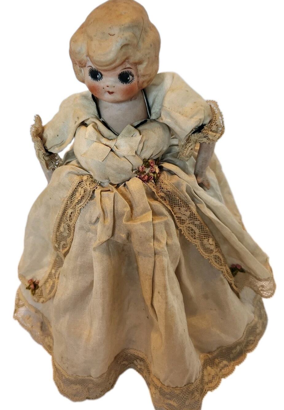 Antique Vintage Bisque Porcelain Doll w/ Old Lace & Cloth Dress Moveable Arms 9"